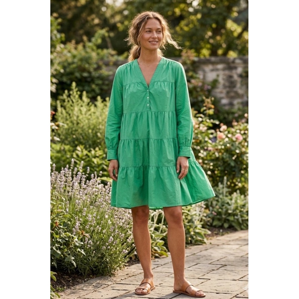 Xirena Green Cotton Poplin Tiered Mini Dress XL Long Sleeve Button V-Neck